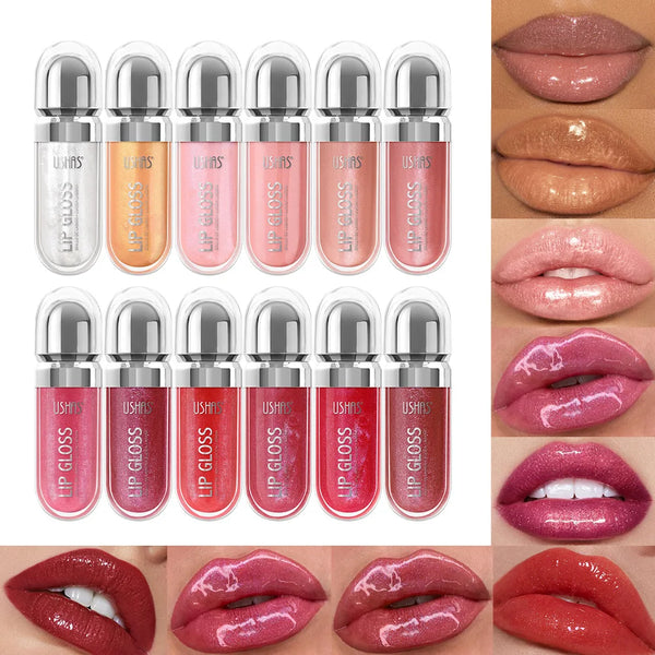 Lip Gloss USHAS – 12 Colori Perlati Waterproof, Lunga Durata e Anti-Sbavatura