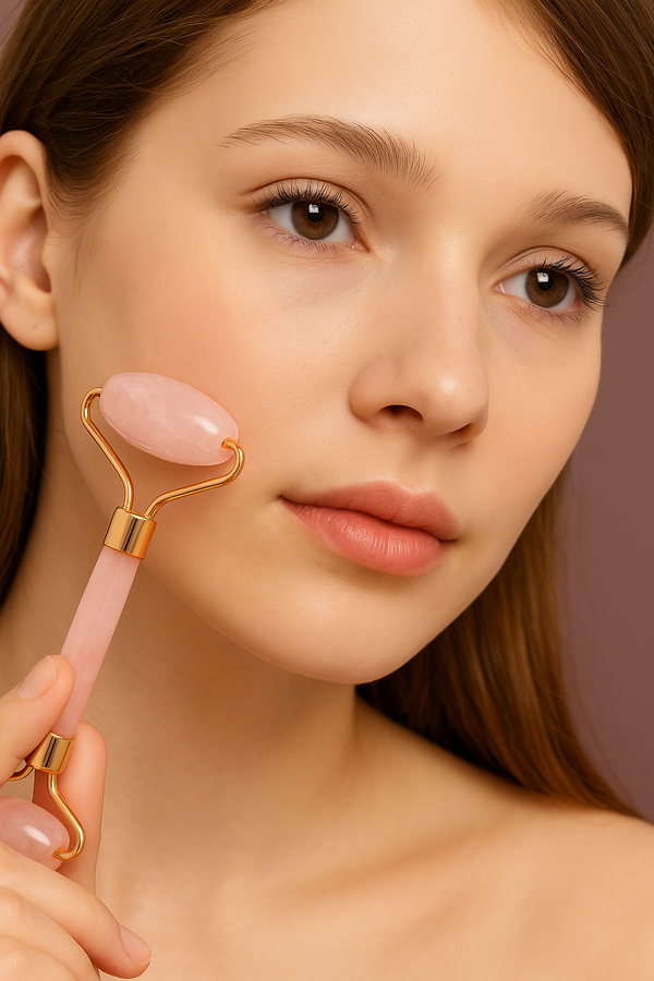 Set Gua Sha + Roller in Quarzo Rosa – Routine viso 3 minuti al giorno