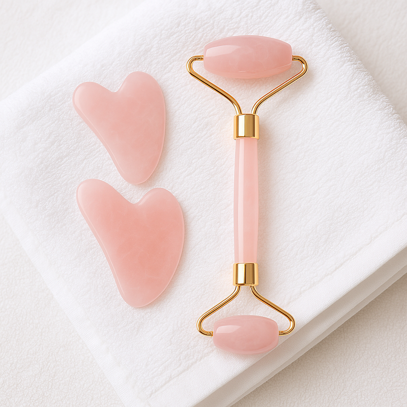 Set Gua Sha + Roller in Quarzo Rosa – Routine viso 3 minuti al giorno